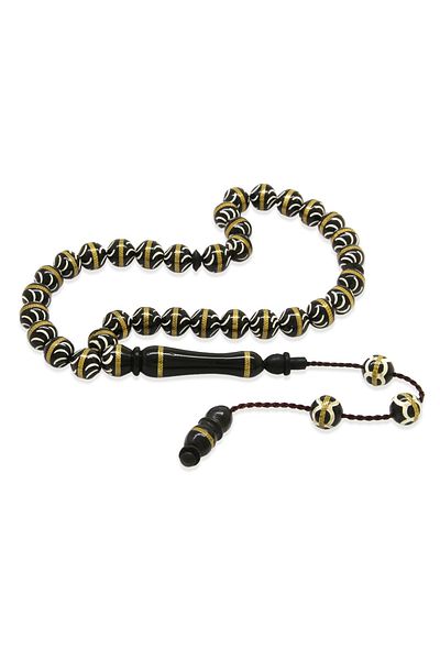 Tesbihane Kuka Prayer Beads with System – Black – Brass Spiral – White Enamel Filled – Istanbul Cut