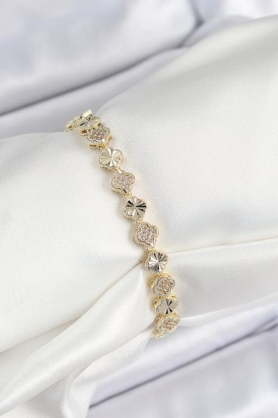 SeyCey.co Brass Zircon Stone Row Clover Model Gold Color Women's Bracelet