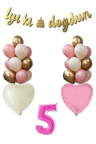 Atölye Mi 5 Year Old Pink Birthday Balloon Set 16Inch Pink Number Happy Birthday Set with Banner