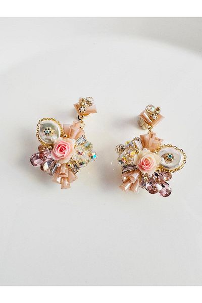 DEVİ fashion Evening Dress Crystal Flower Powder Earrings 4 cm