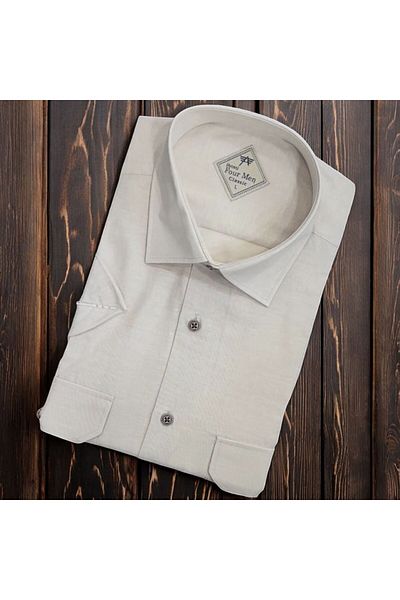 GÖMLEK GALERİSİ Men's Classic Relaxed Fit Flap Double Pocket Short Sleeve Solid Linen Shirt