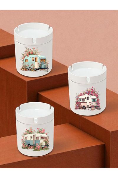 lili hediyelik Caravan and Rose 3-Piece Ceramic Ashtray Ash Tray - Home Kitchen Office Workplace Gift Item