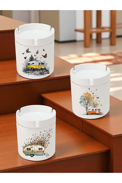 lili hediyelik 3-Piece Ceramic Ashtray with Caravan and Butterfly - Home Kitchen Office Workplace Gift Item