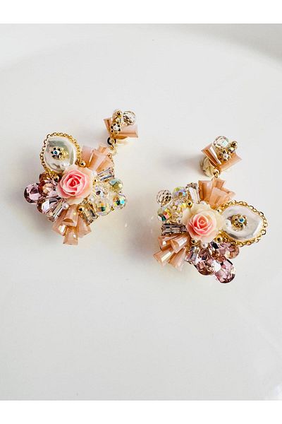 DEVİ fashion Evening Dress Crystal Flower Powder Earrings 4 cm