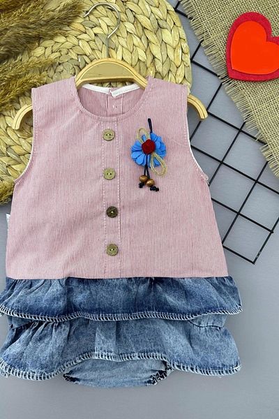 shopwave 6-9-12-18 Months Rose Rosette Detailed Denim Panty Skirt Baby Girl Dress