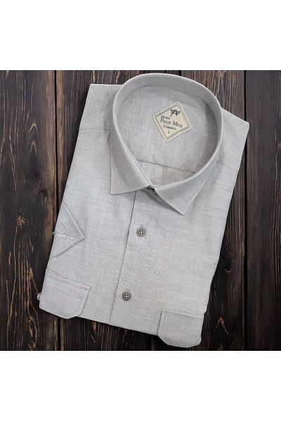 GÖMLEK GALERİSİ Men's Classic Relaxed Fit Flap Double Pocket Short Sleeve Solid Linen Shirt