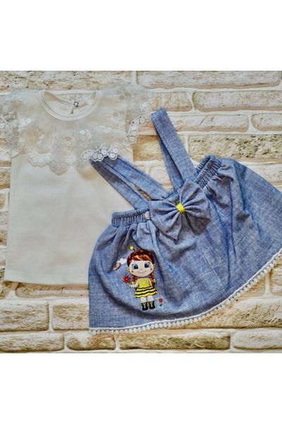 shopwave 1-2-3 Years Old Bee Embroidered Denim Patterned Skirt Cotton Fabric 2-Piece Baby Girl Salopet Set