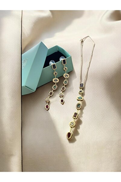 alyacs Göz Alıcı Çok Renkli Taşlı Altın Rengi Y Kolye ve Küpe Seti