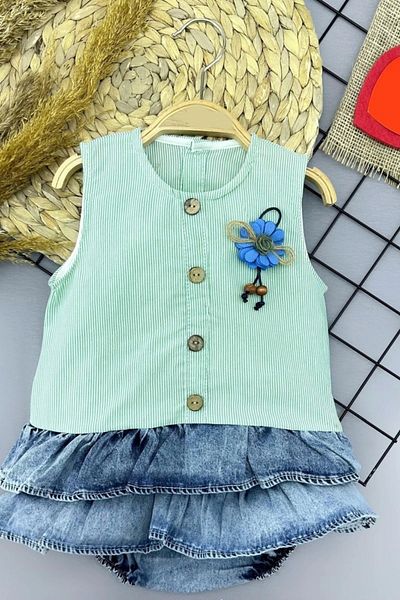 shopwave 6-9-12-18 Months Rose Rosette Detailed Denim Panty Skirt Baby Girl Dress