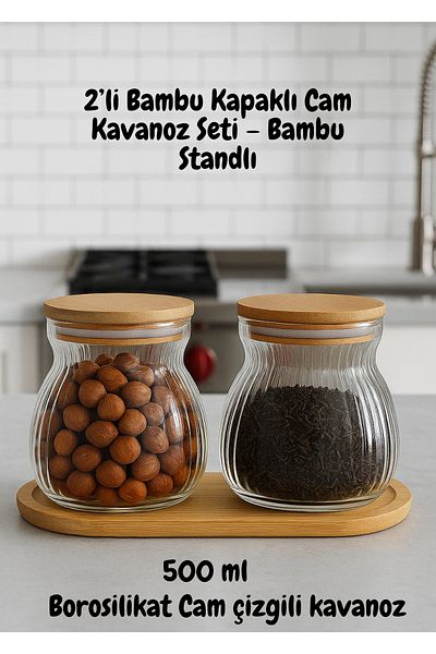 BRE HOME Set of 2 Glass Jars with Bamboo Lids – 500 ml Jars with Bamboo Stands