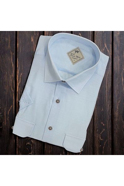 GÖMLEK GALERİSİ Men's Classic Relaxed Fit Flap Double Pocket Short Sleeve Solid Linen Shirt