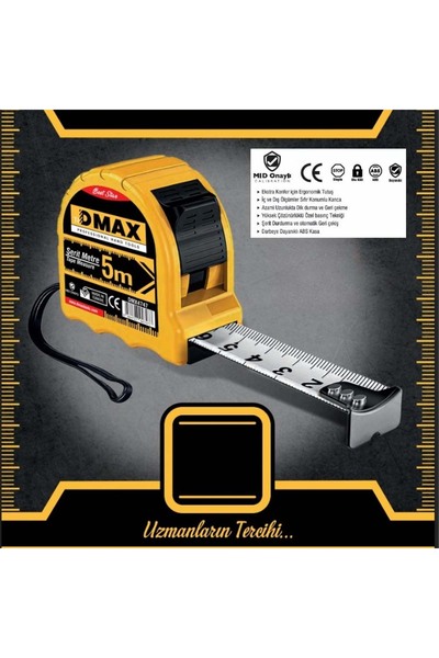 DMAX Kemer Klipsli Otomatik Durdurmalı Çelik Metre 5 Metre Şerit Metre 25MM (MID Onaylı)