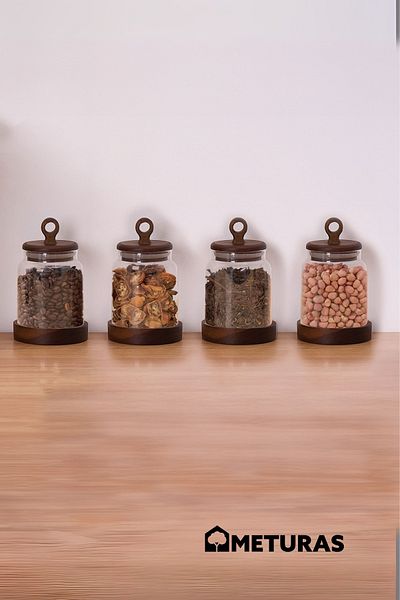 Meturas Set of 4 Glass Jars with Acacia Lids 360ml - Spice Nuts Storage Glass Jar Set