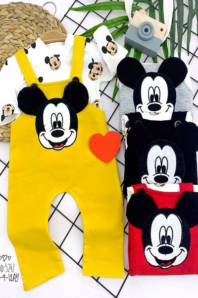 shopwave 3-6-9-12 Months Mickey Figured Long Sleeve Printed Sweat 2 Piece Baby Girl and Boy Salopet Set