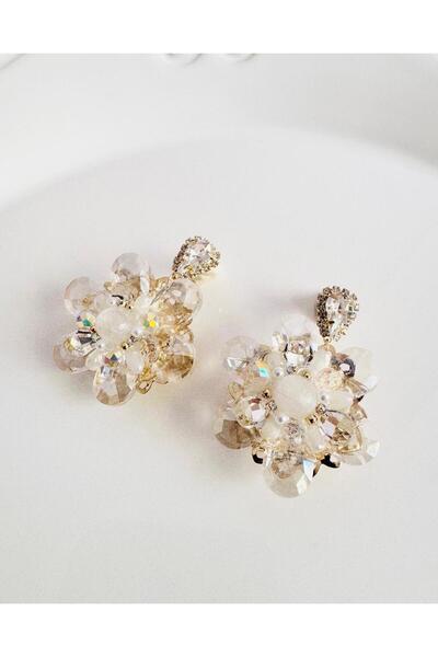 DEVİ fashion Evening Dress Crystal Flower Earrings 5 cm