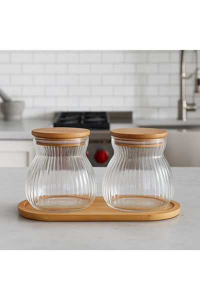 BRE HOME Set of 2 Glass Jars with Bamboo Lids – 500 ml Jars with Bamboo Stands