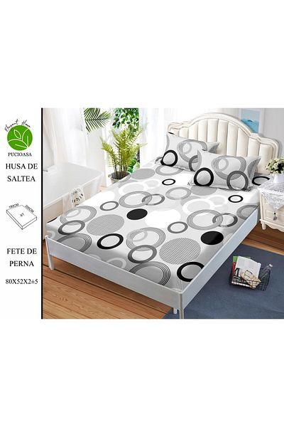 FIONNA.RO Elasticated Duvet Cover and Pillowcases Made of Finet 180x200cm - Grey with Circles