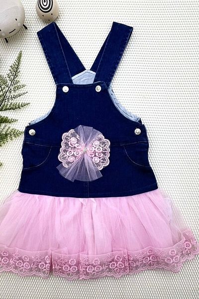 shopwave 2-3-4 Years Old Bow Button Detailed Tulle Skirt Denim Fabric Salopet Girl's Dress