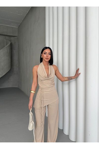 aytenli Flounce Collar Triangle Cut Back Open Lace up Top Elastic Waist Fitted Palazzo Pants Suit with Pockets