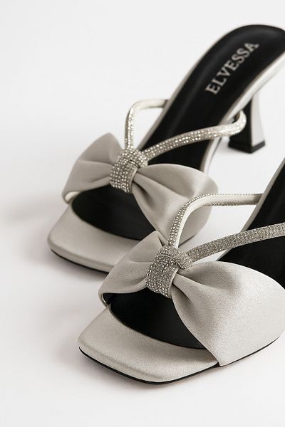 Elvessa Silver Satin Shiny Stone Detailed 5 cm Thin Heeled Slippers Stylish Day and Night Invitation Evening Dress Shoes
