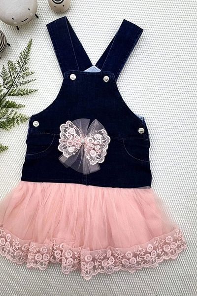 shopwave 2-3-4 Years Old Bow Button Detailed Tulle Skirt Denim Fabric Salopet Girl's Dress