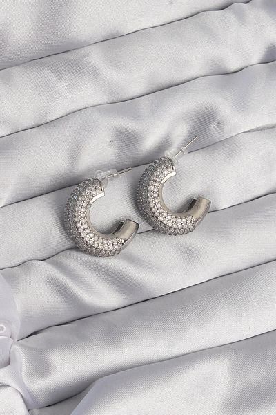 REBORN DESIGN Brass Silver Color Zircon Stone Half Hoop Earrings