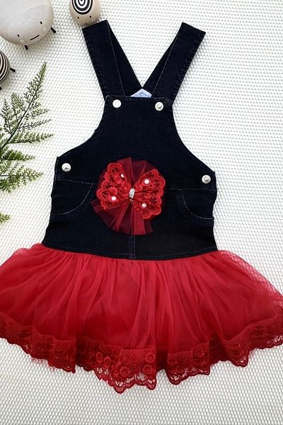 shopwave 2-3-4 Years Old Bow Button Detailed Tulle Skirt Denim Fabric Salopet Girl's Dress