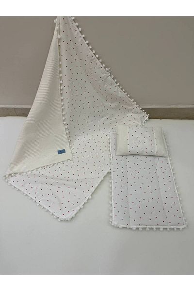 BUSEBABYHOME Poplin Fabric and Pompom Bottom Cover, Pillow and Blanket Set of 3