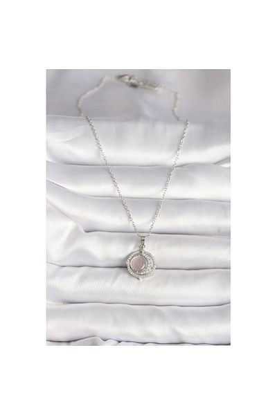 Skygo 316L Steel Silver Color Zircon Stone Pink Pearlescent Crescent Model Women's Necklace - Tj-Bko9701