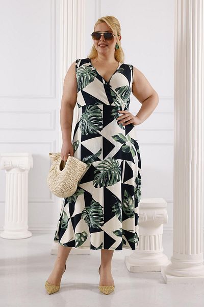Madwilo Women's Green White Monstera Pattern Sleeveless Double Breasted Collar Plus Size Maxi Dress