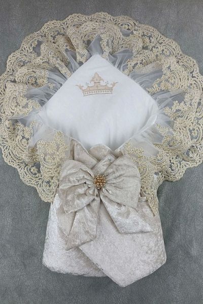 shopwave Newborn Palace Velvet Crown Embroidered Pearl Bow Double Lace Veil Trilux Swaddle Baby Blanket
