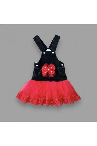 shopwave 2-3-4 Years Old Bow Button Detailed Tulle Skirt Denim Fabric Salopet Girl's Dress