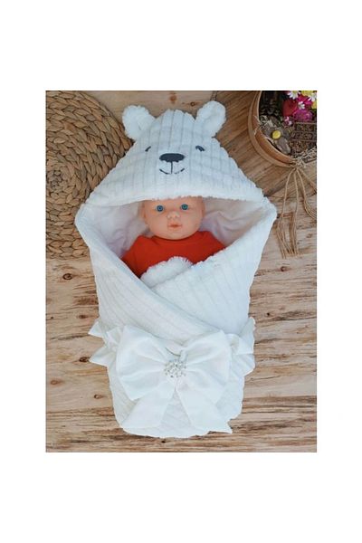 shopwave Newborn White Wool Wool Fabric Swaddle Baby Blanket with Teddy Bear Ears