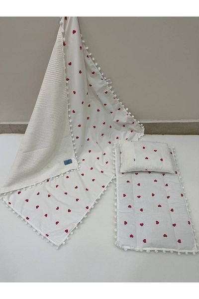 BUSEBABYHOME Poplin Fabric and Pompom Bottom Cover, Pillow and Blanket Set of 3
