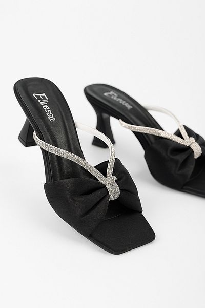 Elvessa Black Satin Shiny Stone Detailed 5 cm Thin Heeled Slippers Stylish Day and Night Invitation Evening Dress Shoes