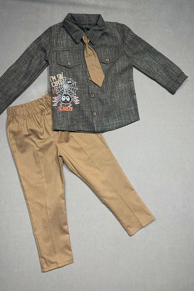 shopwave 3-4-5 Years Old Tie Linen Shirt Gabardine Trousers Long Sleeve 3-Piece Boy Set