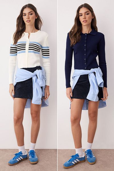 Trendyol Collection Ecru*001-Navy Blue Crop Color Block-Solid 2-Piece Knitwear Cardigan Twoaw26Hi00127
