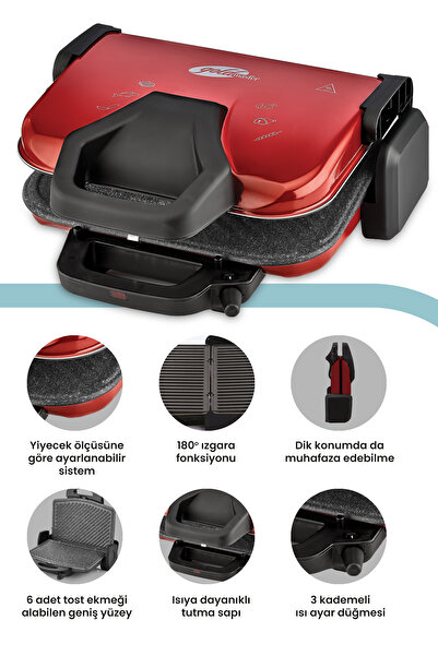 GOLDMASTER Kumru Kırmızı 1800 Watt Granit Çıkarılabilir Plakalı 5 Kademe Isı Ayarlı Tost Ve Izgara Makinesi