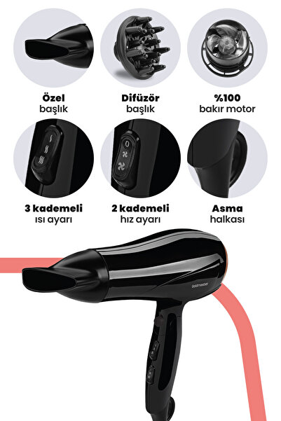 GOLDMASTER Sörf 2400w Profesyonel 3 Kademeli Isı Ayarlı Katlanabilir Saç Kurutma Fön Makinesi