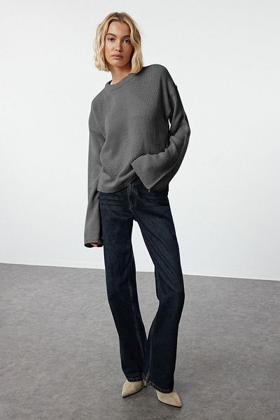 Trendyol Collection Anthracite Wide Fit Soft Textured Knitwear Sweater Twoaw25Kz00295