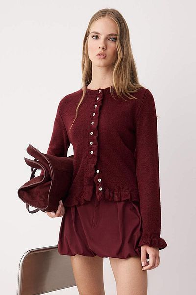 Trendyol Collection Burgundy Button Detailed Soft Textured Knitwear Cardigan Twoaw26Hi00038