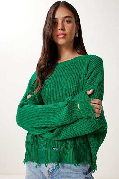 Happiness İstanbul Pulover de damă verde închis rupt cu detalii oversize ki00098