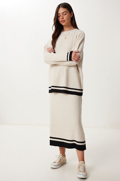 Happiness İstanbul Women's Stone Contrast Color Sweater Skirt Knitwear Suit Yy00246