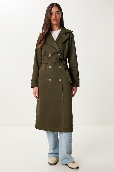 Happiness İstanbul Women's Khaki Double Breasted Collar Belted Gabardine Trench Coat Dd01375