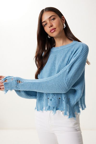 Happiness İstanbul Pulover de tricotaj oversize cu detalii rupte albastre de damă ki00098