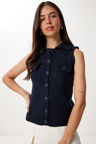 Happiness İstanbul Women's Navy Blue Polo Neck Knitwear Vest Yy00244