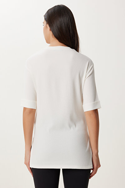 Happiness İstanbul Ecru Damen Bluse mit Schlitz Bori Mukul gestrickt DD01378