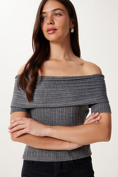 Happiness İstanbul Γυναικεία Πλεκτή Μπλούζα Anthracite Carmen Collar MU00016