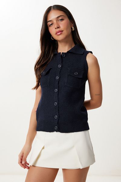 Happiness İstanbul Women's Navy Blue Polo Neck Knitwear Vest Yy00244