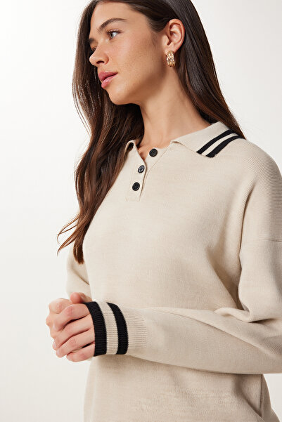 Happiness İstanbul Women's Stone Contrast Stripe Sweater Skirt Knitwear Set Ki̇00143